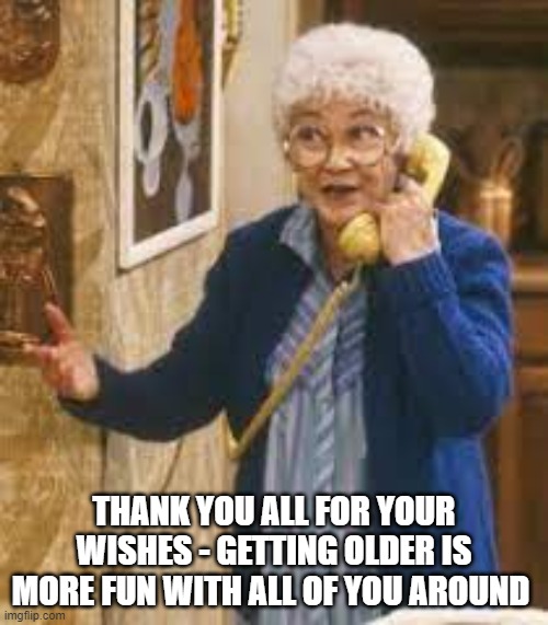Sophia Golden Girls birthday | THANK YOU ALL FOR YOUR WISHES - GETTING OLDER IS MORE FUN WITH ALL OF YOU AROUND | image tagged in golden girls,birthday | made w/ Imgflip meme maker