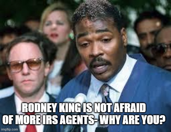 repugnants lie, cheat on taxes | RODNEY KING IS NOT AFRAID OF MORE IRS AGENTS- WHY ARE YOU? | image tagged in rodney king | made w/ Imgflip meme maker