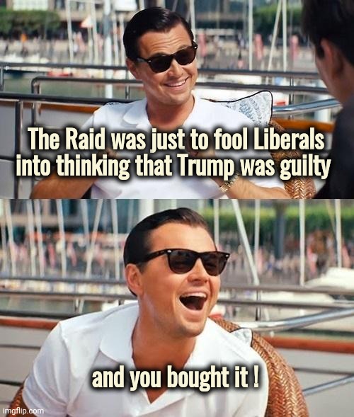 So used to being lied to . . . | The Raid was just to fool Liberals into thinking that Trump was guilty; and you bought it ! | image tagged in memes,trump derangement syndrome,x x everywhere,look what you did,mean tweets,destruction | made w/ Imgflip meme maker
