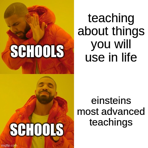 true | teaching about things you will use in life; SCHOOLS; einsteins most advanced teachings; SCHOOLS | image tagged in memes,drake hotline bling | made w/ Imgflip meme maker
