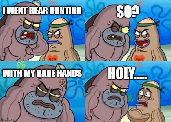 Bear hunting with bare hands be like: | SO? I WENT BEAR HUNTING; WITH MY BARE HANDS; HOLY..... | image tagged in memes,how tough are you | made w/ Imgflip meme maker