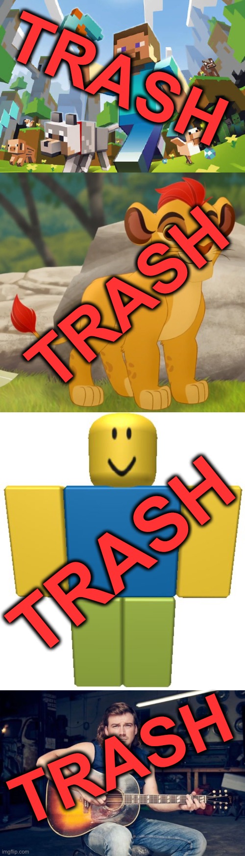 TRASH; TRASH; TRASH; TRASH | image tagged in morgan wallen hates blacks,minecraft,lion guard sucks,roblox | made w/ Imgflip meme maker