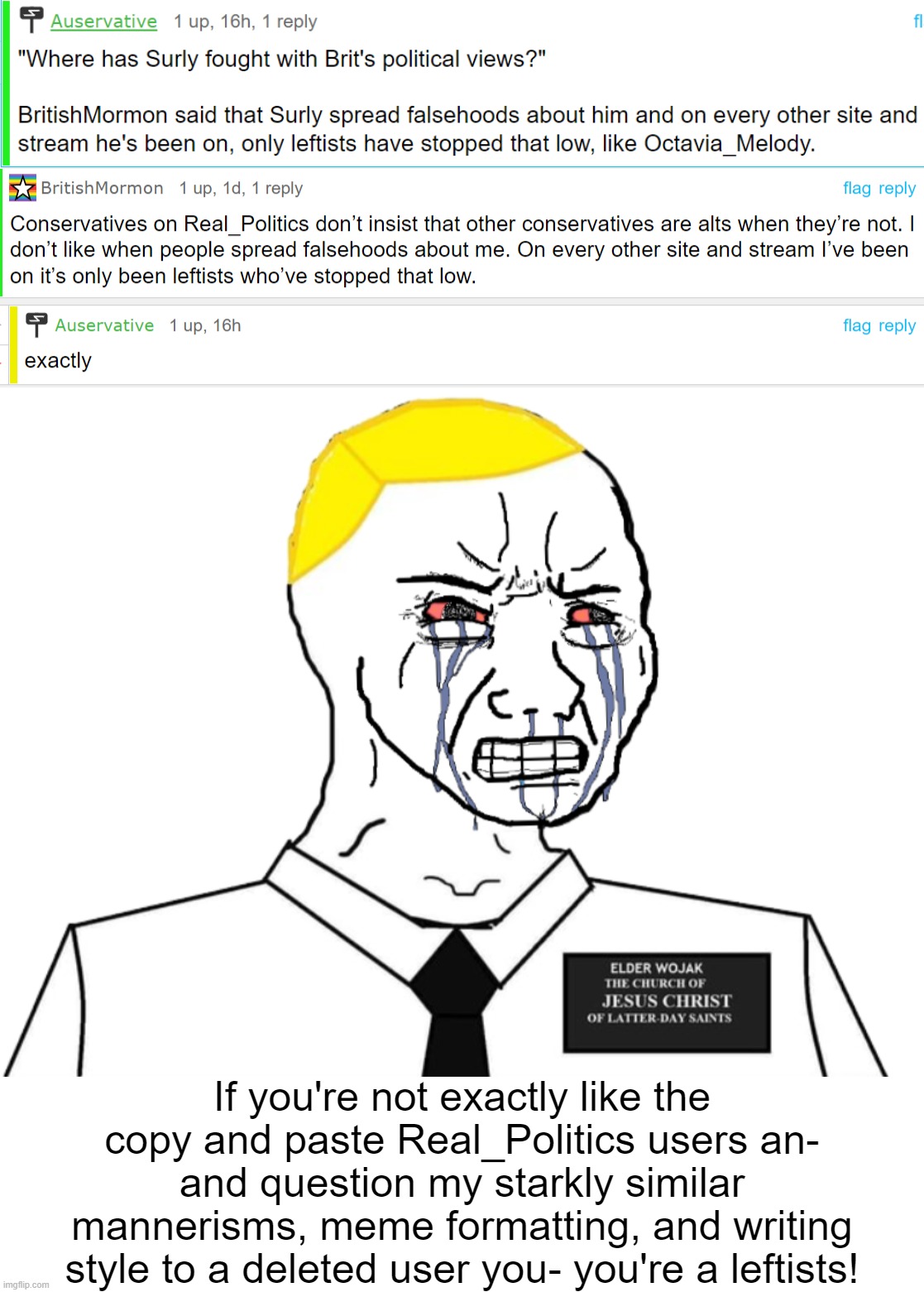 It's just so obvious  #surlyisaleftist | If you're not exactly like the copy and paste Real_Politics users an- and question my starkly similar mannerisms, meme formatting, and writing style to a deleted user you- you're a leftists! | image tagged in rmk,cringe,attack ad,surly,its not like half the real politics stream are alts,other sites question mark | made w/ Imgflip meme maker