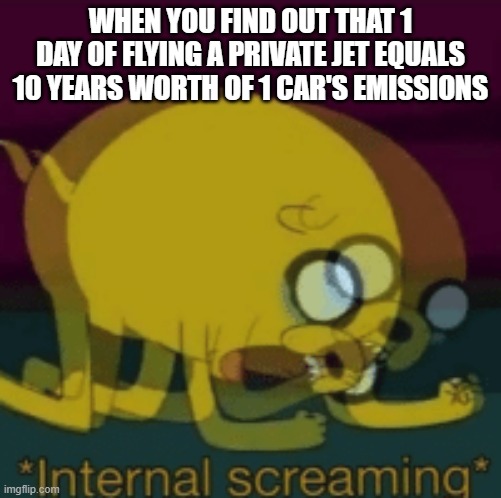 Climate Rage at Billionaires | WHEN YOU FIND OUT THAT 1 DAY OF FLYING A PRIVATE JET EQUALS 10 YEARS WORTH OF 1 CAR'S EMISSIONS | image tagged in jake the dog internal screaming | made w/ Imgflip meme maker