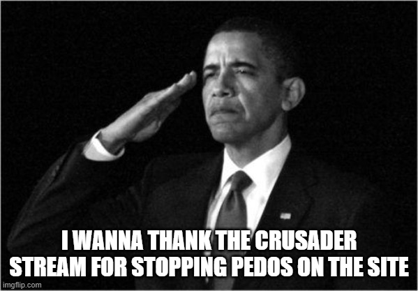 The Crusader stream are life savers! *salute* | I WANNA THANK THE CRUSADER STREAM FOR STOPPING PEDOS ON THE SITE | image tagged in obama-salute | made w/ Imgflip meme maker