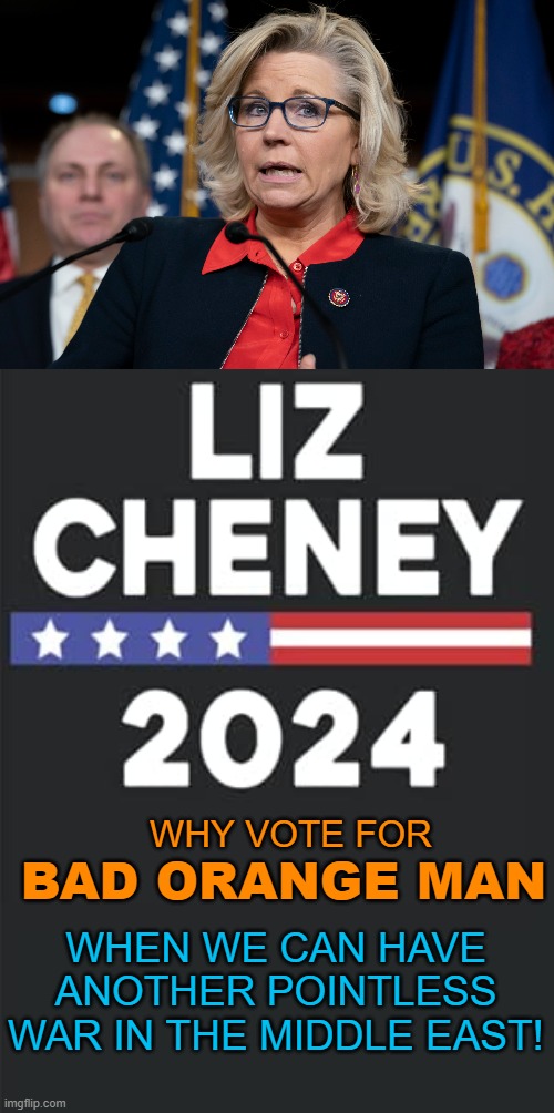 Liz Cheney's Fantasy |  BAD ORANGE MAN; WHY VOTE FOR; WHEN WE CAN HAVE ANOTHER POINTLESS WAR IN THE MIDDLE EAST! | image tagged in memes,trump,republican,rino,war,middle east | made w/ Imgflip meme maker
