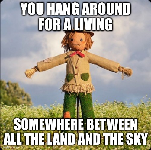 One of the best songs I know | YOU HANG AROUND FOR A LIVING; SOMEWHERE BETWEEN ALL THE LAND AND THE SKY | image tagged in scarecrow,music,song lyrics | made w/ Imgflip meme maker