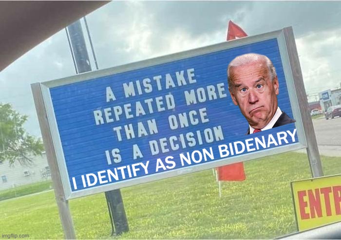 The Sign We Need To See | I IDENTIFY AS NON BIDENARY | image tagged in politics,joe biden,signs,signs/billboards,mistake,bad decision | made w/ Imgflip meme maker