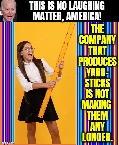 I interrupt this meme for an important message: | THIS IS NO LAUGHING
MATTER, AMERICA! THE
COMPANY
THAT
PRODUCES
YARD-
STICKS
IS NOT
MAKING 
THEM
ANY
LONGER. | image tagged in vince vance,joe biden,yardstick,ruler,memes,little girl | made w/ Imgflip meme maker