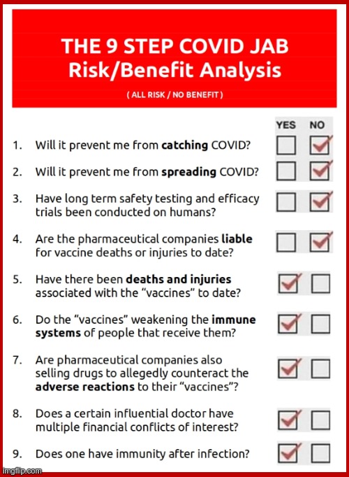 The 9 STEP COVID JAB RISK/BENEFIT ANALYSIS -- all risk / no benefit | The 9 STEP COVID JAB Risk/Benefit Analysis | image tagged in covid vaccine,death,vaers,risk analysis,injury | made w/ Imgflip meme maker