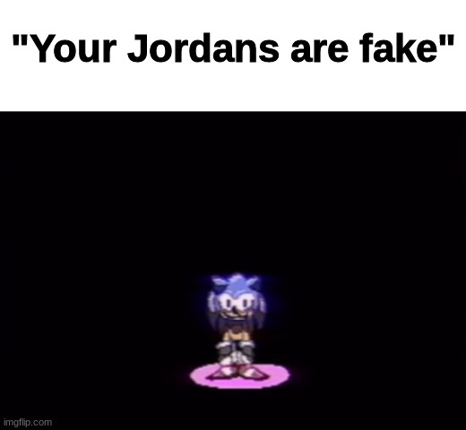 Fake shoes havin' ahh. | "Your Jordans are fake" | image tagged in needlemouse stare | made w/ Imgflip meme maker