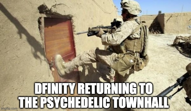 Kicking in door | DFINITY RETURNING TO THE PSYCHEDELIC TOWNHALL | image tagged in kicking in door | made w/ Imgflip meme maker