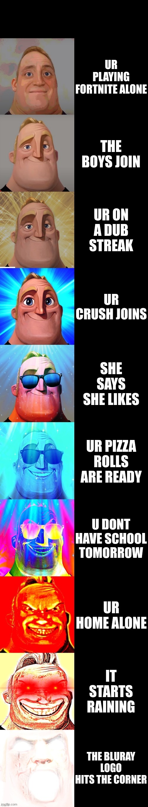 yessir | UR PLAYING FORTNITE ALONE; THE BOYS JOIN; UR ON A DUB STREAK; UR CRUSH JOINS; SHE SAYS SHE LIKES; UR PIZZA ROLLS ARE READY; U DONT HAVE SCHOOL TOMORROW; UR HOME ALONE; IT STARTS RAINING; THE BLURAY LOGO HITS THE CORNER | image tagged in mr incredible becoming canny | made w/ Imgflip meme maker