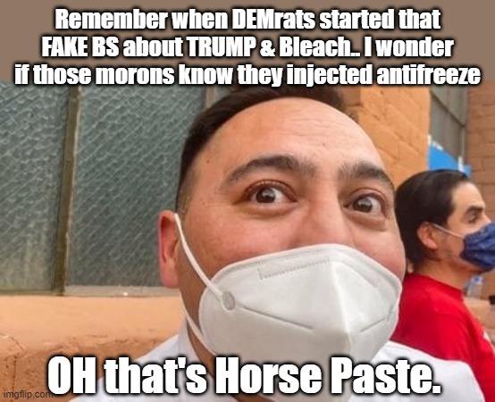 Breakfast of DEMrats / LIBrats enjoy your self-in·duced misery | Remember when DEMrats started that FAKE BS about TRUMP & Bleach.. I wonder if those morons know they injected antifreeze; OH that's Horse Paste. | image tagged in democrat | made w/ Imgflip meme maker