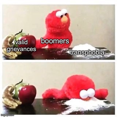 every time | boomers; valid grievances; transphobia | image tagged in elmo cocaine | made w/ Imgflip meme maker