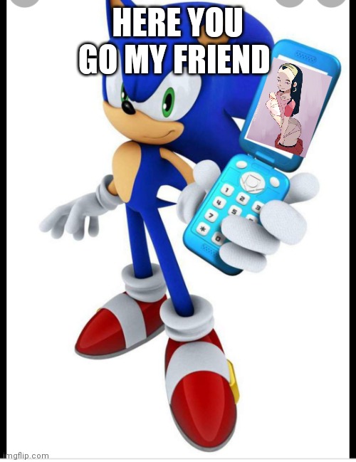 Sonic and Sissi delmas on phone | HERE YOU GO MY FRIEND | image tagged in sonic and flip phone | made w/ Imgflip meme maker