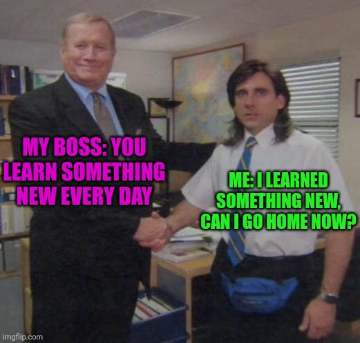 Can I go home now? | MY BOSS: YOU LEARN SOMETHING NEW EVERY DAY; ME: I LEARNED SOMETHING NEW, CAN I GO HOME NOW? | image tagged in the office congratulations | made w/ Imgflip meme maker