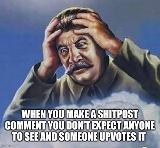 Worrying Stalin | WHEN YOU MAKE A SHITPOST COMMENT YOU DON’T EXPECT ANYONE TO SEE AND SOMEONE UPVOTES IT | image tagged in worrying stalin | made w/ Imgflip meme maker