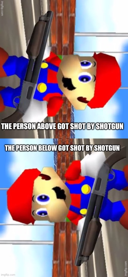 THE PERSON ABOVE GOT SHOT BY SHOTGUN; THE PERSON BELOW GOT SHOT BY SHOTGUN | made w/ Imgflip meme maker