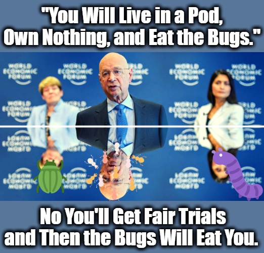 The People vs Team Schwab | "You Will Live in a Pod, Own Nothing, and Eat the Bugs."; No You'll Get Fair Trials and Then the Bugs Will Eat You. | image tagged in world economic forum,oligarchy,one percent,great reset,worldwide protest,99 percent | made w/ Imgflip meme maker