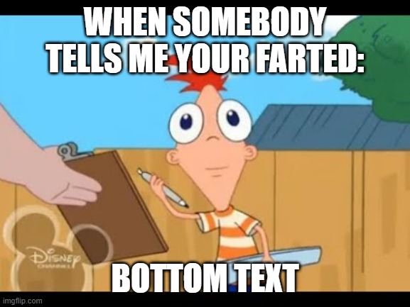 WHEN SOMEBODY TELLS ME YOUR FARTED: BOTTOM TEXT | image tagged in phineas facing camera | made w/ Imgflip meme maker