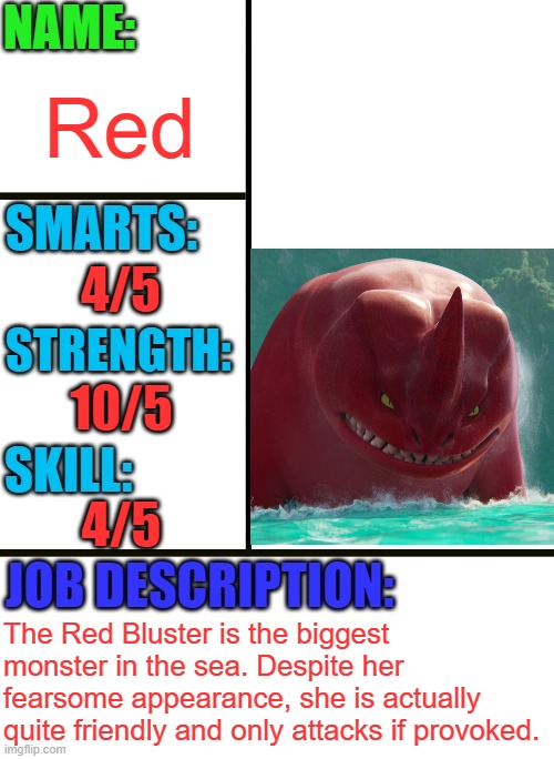 Red, from the Netflix film The Sea Beast | Red; 4/5; 10/5; 4/5; The Red Bluster is the biggest monster in the sea. Despite her fearsome appearance, she is actually quite friendly and only attacks if provoked. | image tagged in antiboss-heroes template,netflix | made w/ Imgflip meme maker