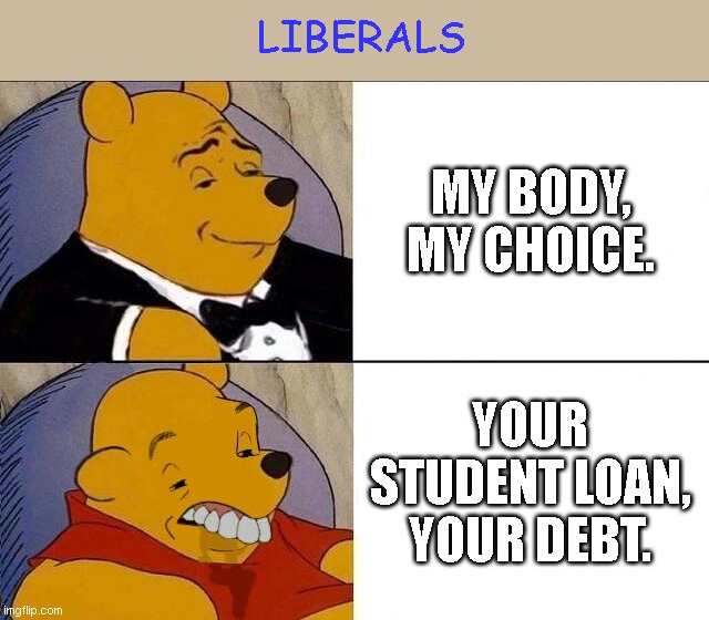They're all for choice as long as somebody else is paying | LIBERALS; MY BODY, MY CHOICE. YOUR STUDENT LOAN, YOUR DEBT. | image tagged in tuxedo winnie the pooh grossed reverse,college liberal,student loans,debt,abortion,hypocrisy | made w/ Imgflip meme maker