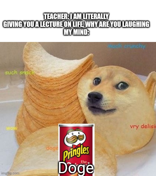 Doge chips | TEACHER: I AM LITERALLY GIVING YOU A LECTURE ON LIFE, WHY ARE YOU LAUGHING
MY MIND:; Doge | image tagged in blank white template | made w/ Imgflip meme maker