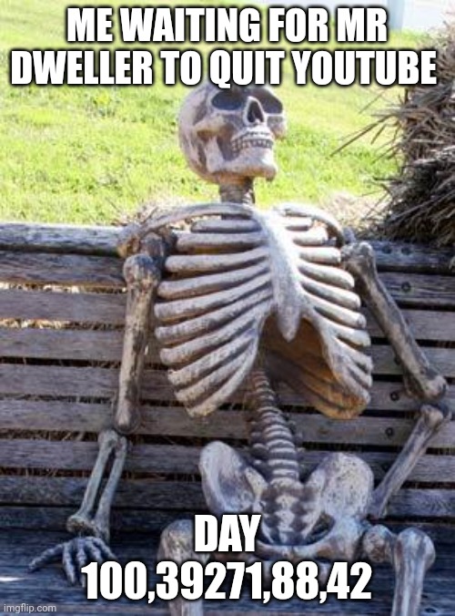 Waiting Skeleton Meme | ME WAITING FOR MR DWELLER TO QUIT YOUTUBE; DAY 100,39271,88,42 | image tagged in memes,waiting skeleton | made w/ Imgflip meme maker