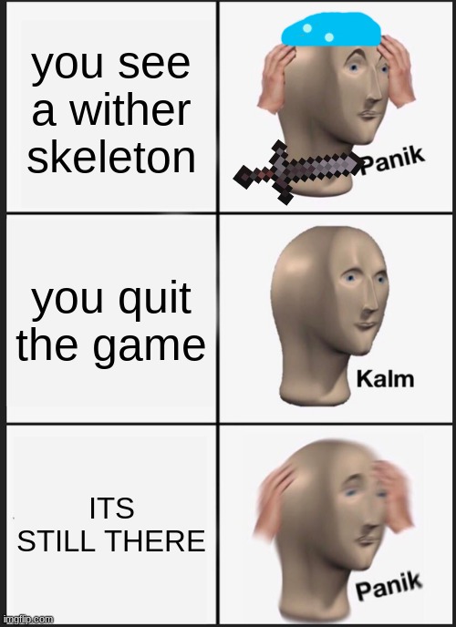 OH NO | you see a wither skeleton; you quit the game; ITS STILL THERE | image tagged in memes,panik kalm panik | made w/ Imgflip meme maker