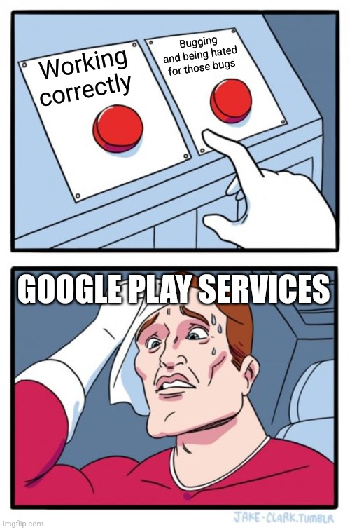Pov: You are the app "Google play services" | Bugging and being hated for those bugs; Working correctly; GOOGLE PLAY SERVICES | image tagged in memes,two buttons | made w/ Imgflip meme maker