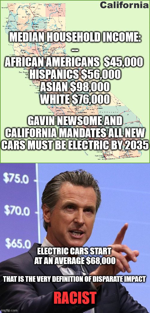 The Real Racists | ELECTRIC CARS START 
AT AN AVERAGE $68,000; THAT IS THE VERY DEFINITION OF DISPARATE IMPACT; RACIST | image tagged in gavin newsom,racists,democrats,climate change | made w/ Imgflip meme maker
