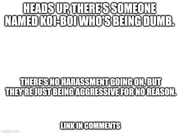 Blank White Template | HEADS UP, THERE'S SOMEONE NAMED KOI-BOI WHO'S BEING DUMB. THERE'S NO HARASSMENT GOING ON, BUT THEY'RE JUST BEING AGGRESSIVE FOR NO REASON. LINK IN COMMENTS | image tagged in blank white template | made w/ Imgflip meme maker