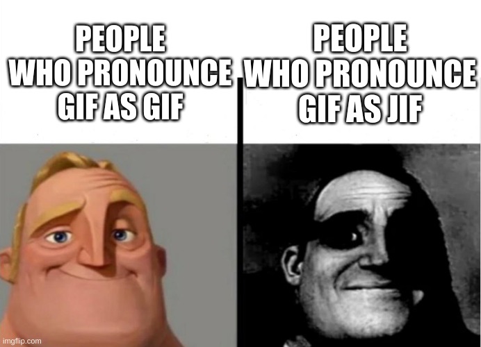 Unfortunately Jif is the correct way to say it. | PEOPLE WHO PRONOUNCE GIF AS JIF; PEOPLE WHO PRONOUNCE GIF AS GIF | image tagged in teacher's copy,memes,not funny,alcohol | made w/ Imgflip meme maker