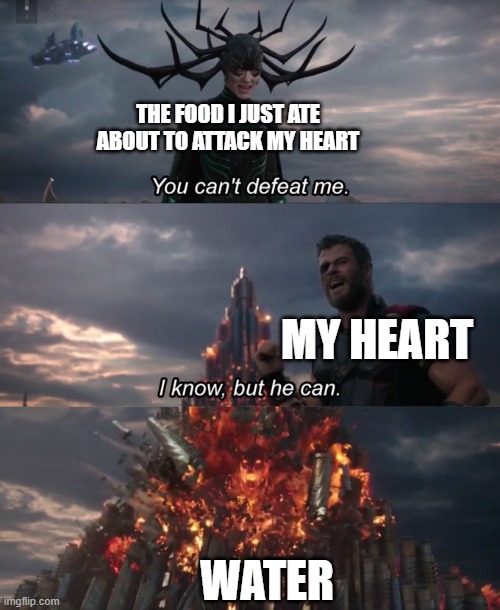 The One Thing You Do Healthy | THE FOOD I JUST ATE ABOUT TO ATTACK MY HEART; MY HEART; WATER | image tagged in you can't defeat me | made w/ Imgflip meme maker