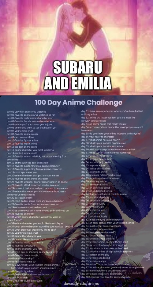 Day 8 | SUBARU AND EMILIA | image tagged in 100 day anime challenge,anime couple,ship,re zero,subaru natsuki,emilia | made w/ Imgflip meme maker