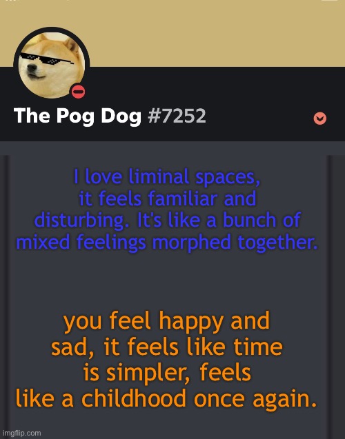 epic doggos epic discord temp | I love liminal spaces, it feels familiar and disturbing. It's like a bunch of mixed feelings morphed together. you feel happy and sad, it feels like time is simpler, feels like a childhood once again. | image tagged in epic doggos epic discord temp | made w/ Imgflip meme maker
