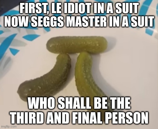 πckle | FIRST, LE IDIOT IN A SUIT
NOW SEGGS MASTER IN A SUIT; WHO SHALL BE THE THIRD AND FINAL PERSON | image tagged in ckle | made w/ Imgflip meme maker