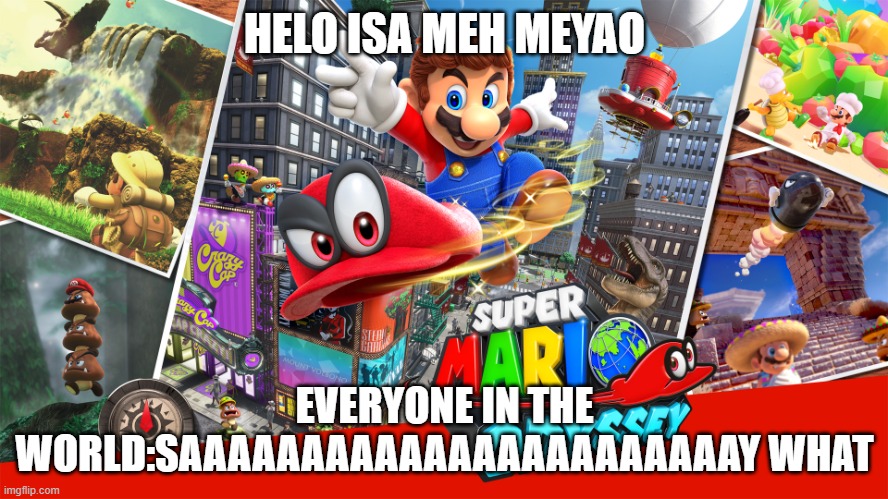 Super Mario oddysee template | HELO ISA MEH MEYAO; EVERYONE IN THE WORLD:SAAAAAAAAAAAAAAAAAAAAAAAY WHAT | image tagged in super mario oddysee template | made w/ Imgflip meme maker