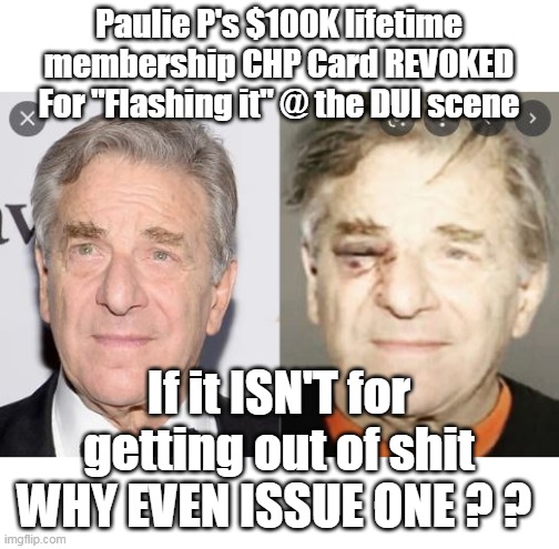 CHP as corrupt as their donors | Paulie P's $100K lifetime membership CHP Card REVOKED
For "Flashing it" @ the DUI scene; If it ISN'T for getting out of shit
WHY EVEN ISSUE ONE ? ? | image tagged in pelosi drunken stumble bum,but still trades better than warren buffett | made w/ Imgflip meme maker