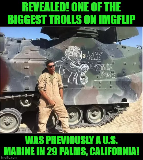 I'm sure that a mod will delete me totally for this. | REVEALED! ONE OF THE BIGGEST TROLLS ON IMGFLIP; WAS PREVIOUSLY A U.S. MARINE IN 29 PALMS, CALIFORNIA! | image tagged in brony,troll,my little pony,just for fun | made w/ Imgflip meme maker