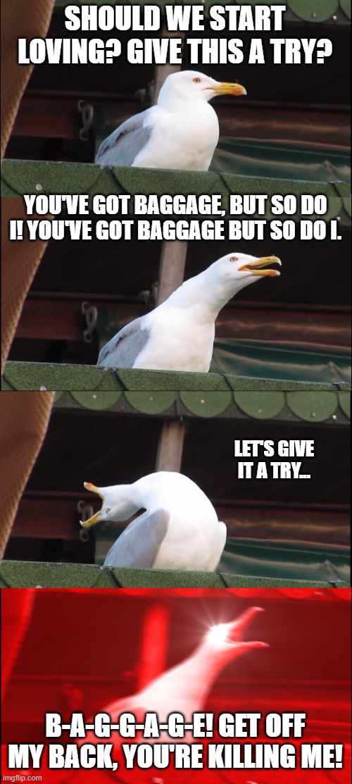 Inhaling Seagull Meme | SHOULD WE START LOVING? GIVE THIS A TRY? YOU'VE GOT BAGGAGE, BUT SO DO I! YOU'VE GOT BAGGAGE BUT SO DO I. LET'S GIVE IT A TRY... B-A-G-G-A-G-E! GET OFF MY BACK, YOU'RE KILLING ME! | image tagged in memes,inhaling seagull | made w/ Imgflip meme maker