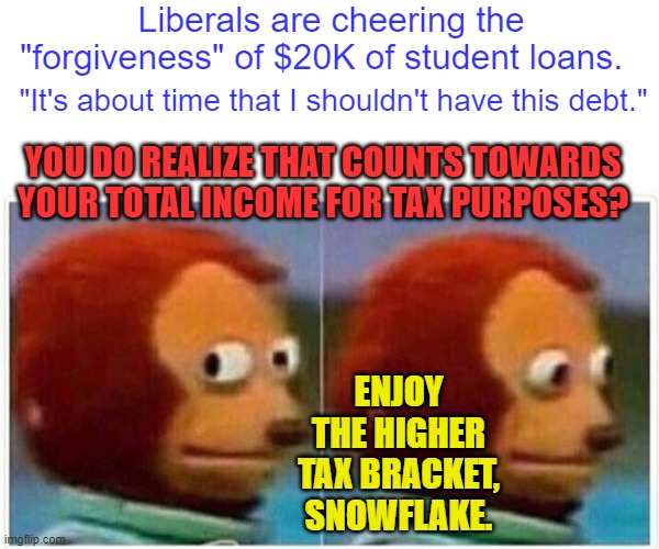 Monkey Puppet | Liberals are cheering the "forgiveness" of $20K of student loans. "It's about time that I shouldn't have this debt."; YOU DO REALIZE THAT COUNTS TOWARDS YOUR TOTAL INCOME FOR TAX PURPOSES? ENJOY THE HIGHER TAX BRACKET, SNOWFLAKE. | image tagged in memes,monkey puppet | made w/ Imgflip meme maker