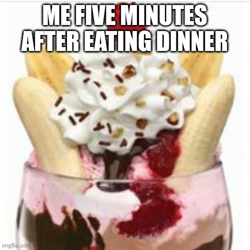 ice cream sundae  | ME FIVE MINUTES AFTER EATING DINNER | image tagged in ice cream sundae | made w/ Imgflip meme maker