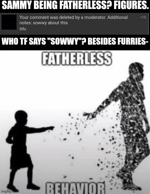 Fatherless Behavior | SAMMY BEING FATHERLESS? FIGURES. WHO TF SAYS "SOWWY"? BESIDES FURRIES- | image tagged in fatherless behavior | made w/ Imgflip meme maker