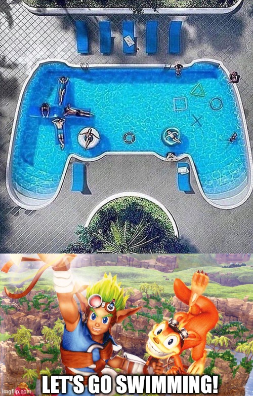 A GAMERS POOL | LET'S GO SWIMMING! | image tagged in playstation,pool,jak and daxter | made w/ Imgflip meme maker