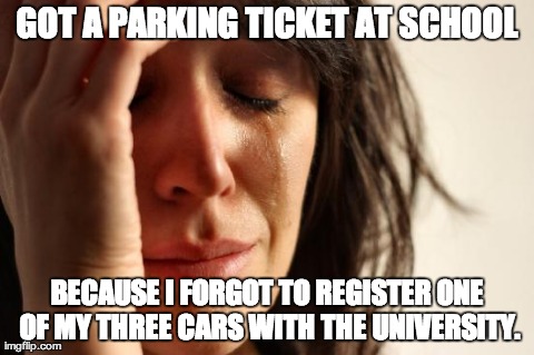 First World Problems | GOT A PARKING TICKET AT SCHOOL BECAUSE I FORGOT TO REGISTER ONE OF MY THREE CARS WITH THE UNIVERSITY. | image tagged in memes,first world problems,AdviceAnimals | made w/ Imgflip meme maker
