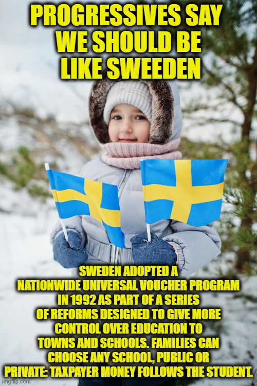 Like Sweden | PROGRESSIVES SAY 
WE SHOULD BE
 LIKE SWEEDEN; SWEDEN ADOPTED A NATIONWIDE UNIVERSAL VOUCHER PROGRAM IN 1992 AS PART OF A SERIES OF REFORMS DESIGNED TO GIVE MORE CONTROL OVER EDUCATION TO TOWNS AND SCHOOLS. FAMILIES CAN CHOOSE ANY SCHOOL, PUBLIC OR PRIVATE: TAXPAYER MONEY FOLLOWS THE STUDENT. | image tagged in back to school | made w/ Imgflip meme maker