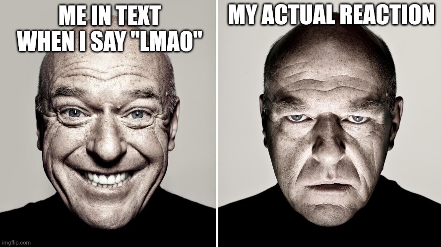 Haha funny | MY ACTUAL REACTION; ME IN TEXT WHEN I SAY "LMAO" | image tagged in dean norris's reaction,memes | made w/ Imgflip meme maker