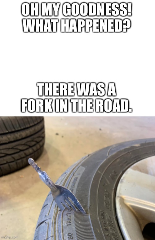 Fork in the road | OH MY GOODNESS! WHAT HAPPENED? THERE WAS A FORK IN THE ROAD. | image tagged in blank white template | made w/ Imgflip meme maker